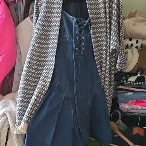 Striped Knit Open-Front Cardigan With A Bra Top Denim Dress.